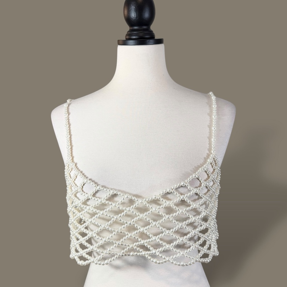 Handcrafted Pearl Lattice Crop Top - White